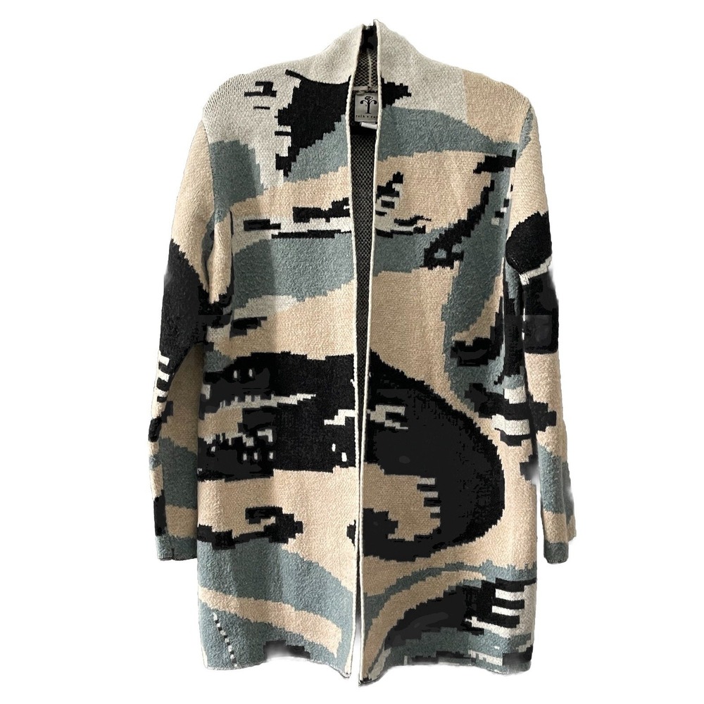 Rain+Rose Long Cartigan Sweater Women's Large Contemporary Camo Geometric Art